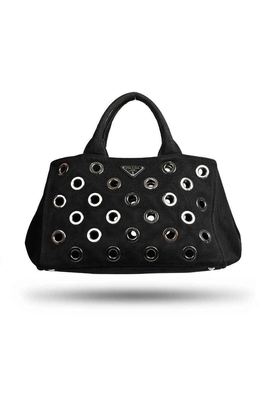 Prada Grommet Black Canapa Tote Bag