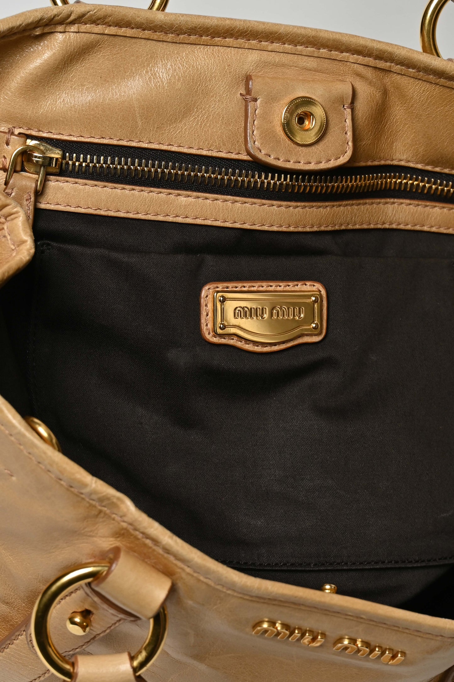 Miu Miu Vitello Shine Tote Bag Camel