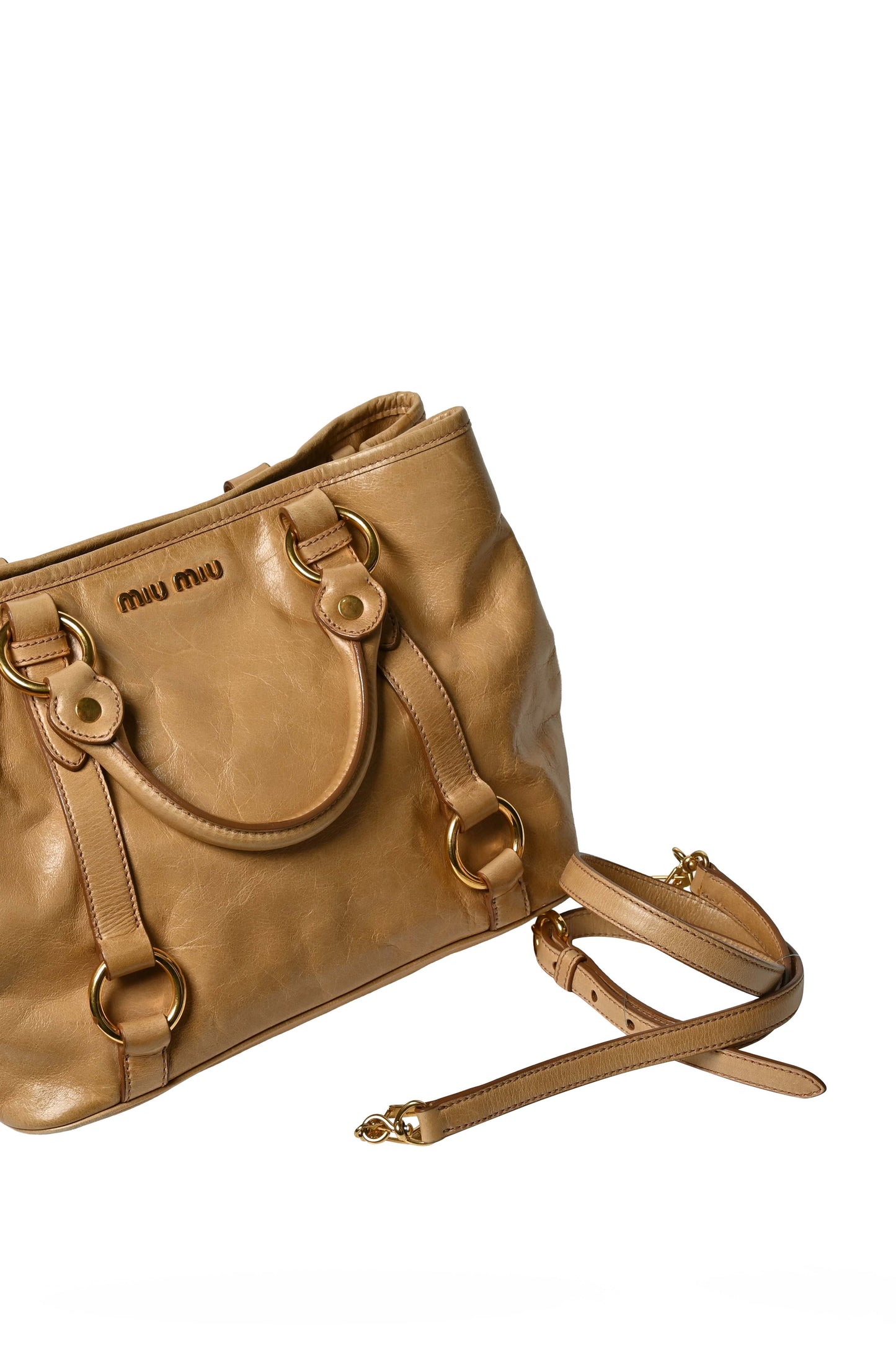 Miu Miu Vitello Shine Tote Bag Camel