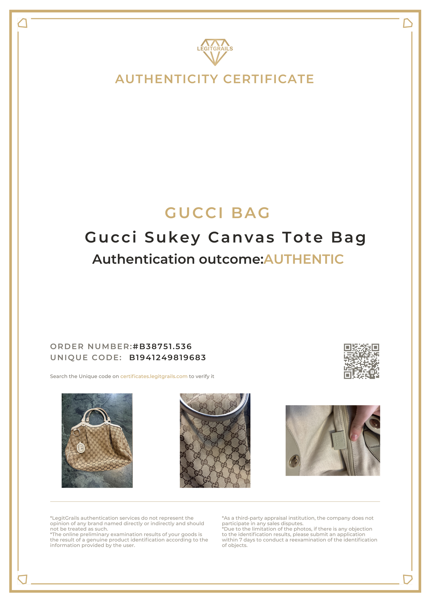 Gucci Sukey Canvas Tote Bag authenticity certificate with images and details.