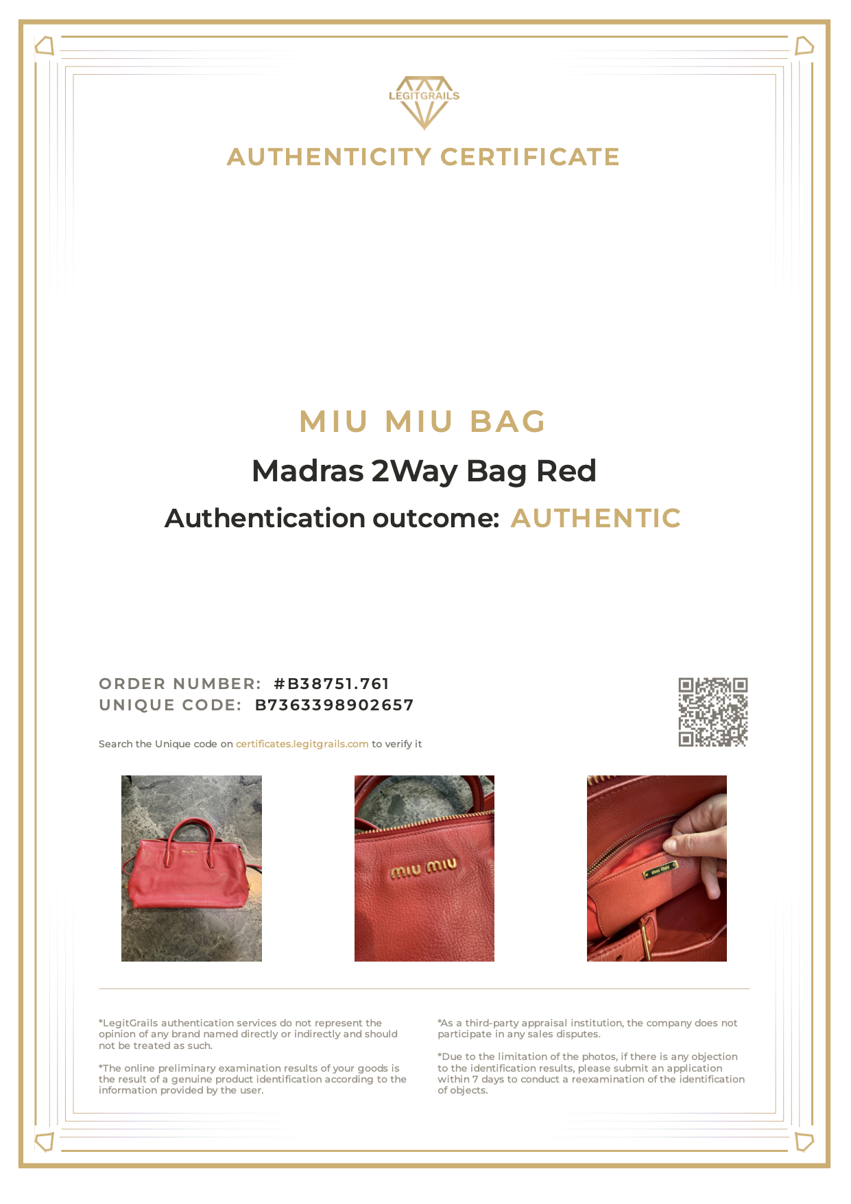 Miu Miu Madras 2Way Bag Red
