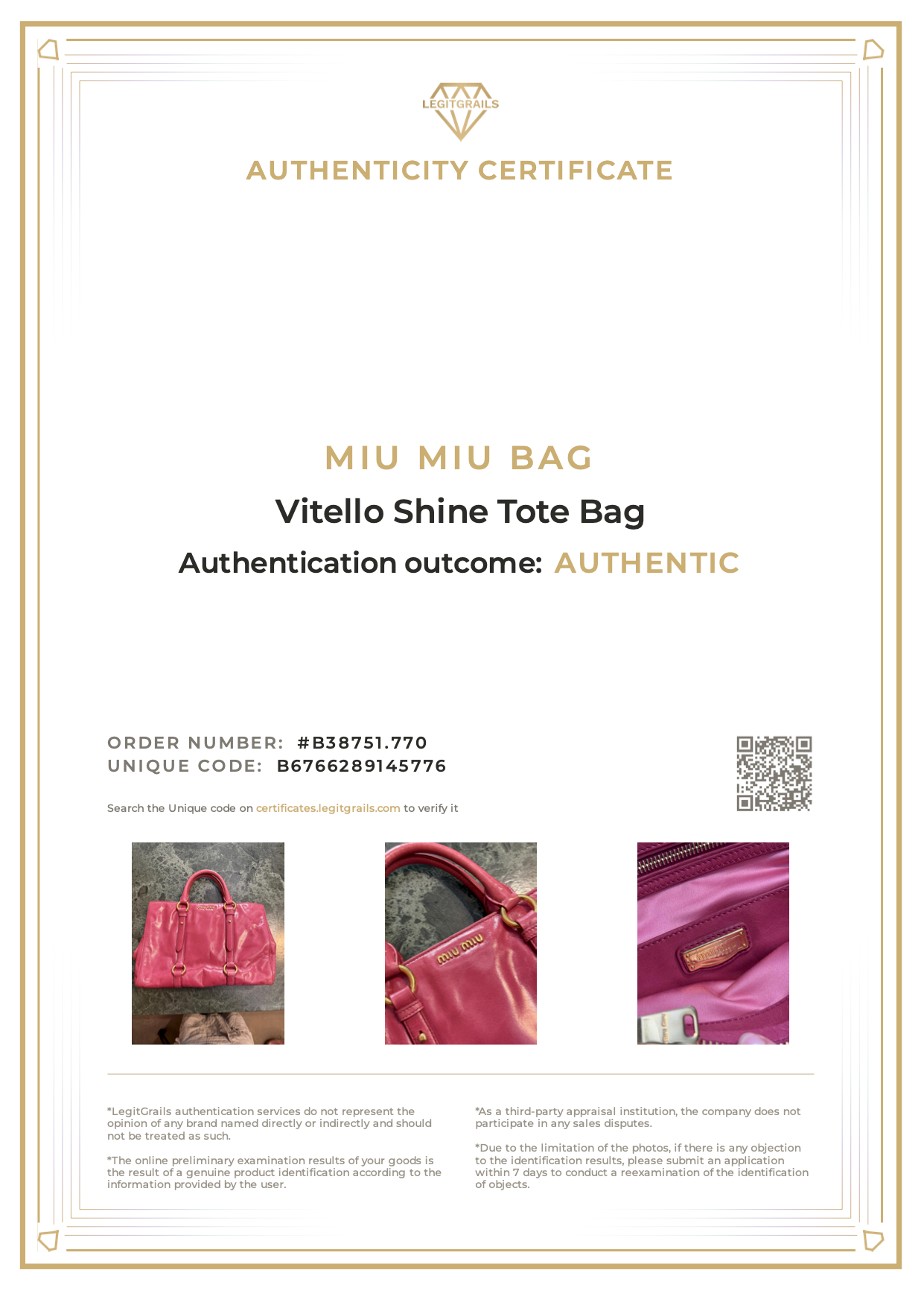 Miu Miu Vitello Shine Tote Bag Pink