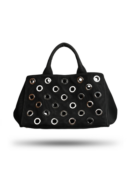 Prada Grommet Black Canapa Tote Bag