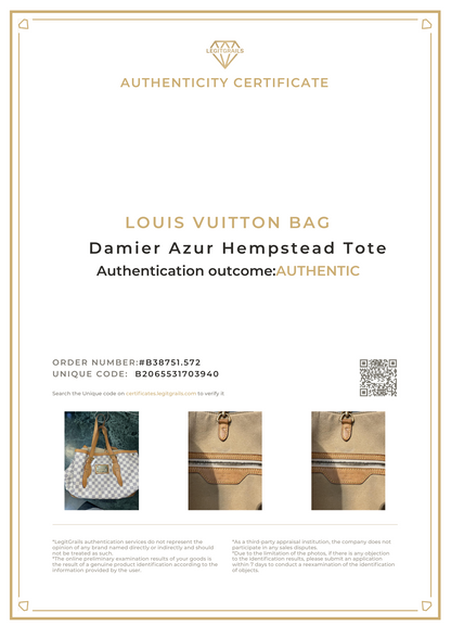 Louis Vuitton 2009 Damier Azur Hampstead Tote