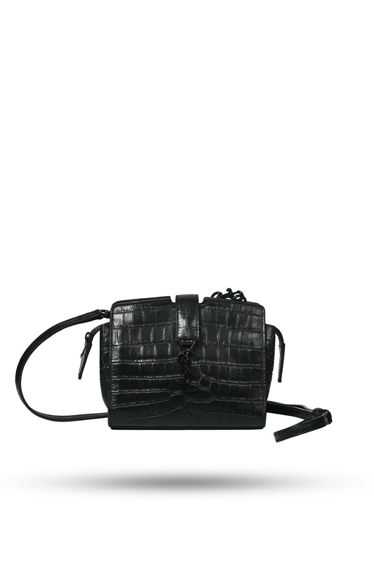 Saint Laurent Black Croc Embossed Leather Toy Cabas Crossbody Bag
