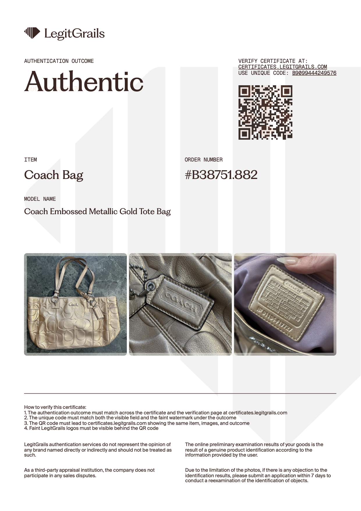 Coach Embossed Metallic Gold Tote Bag