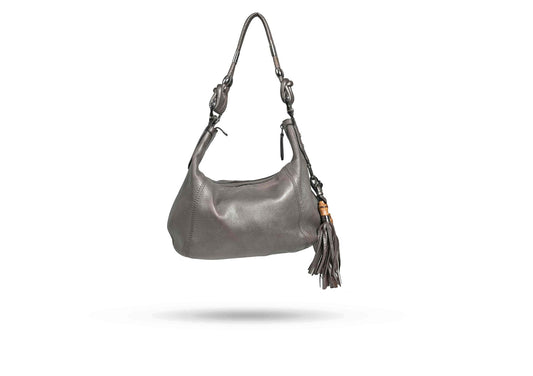 Gucci Grey Natalie Horse Bit Hobo Bamboo Tassle Shoulder Bag