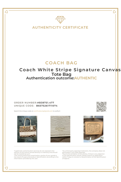 Coach White Stripe Signature Canvas Tote Bag